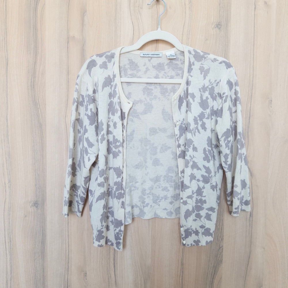 Autumn Cashmere Womens Floral Cardigan L Cream Grey 100% Cashmere Cottage Preppy